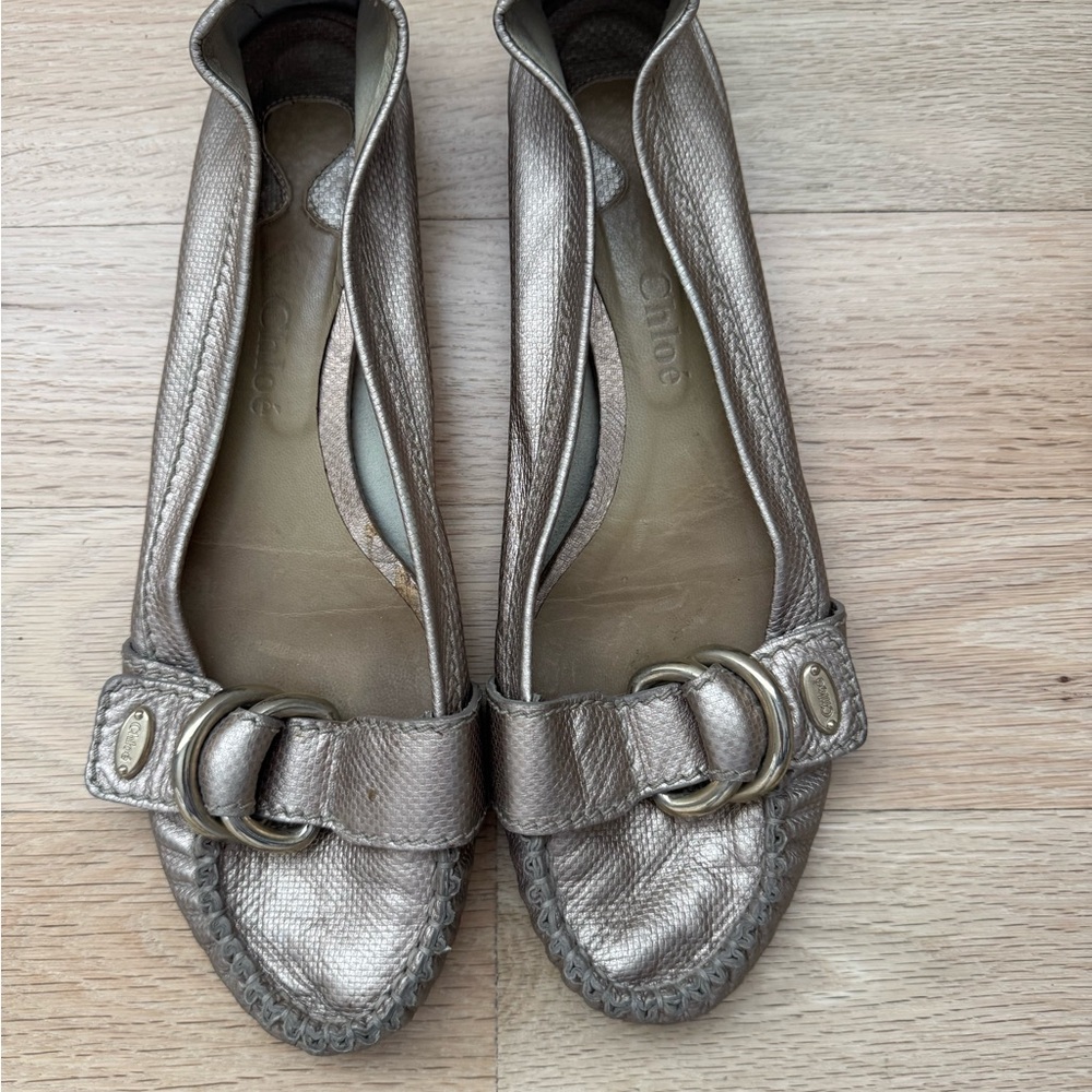 Chloe Metallic Pewter Leather Ballet Flats with Buckle